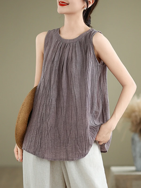 2025年新作 夏用 ルーズ コットンリネンベスト レディース ファッション プリーツ入り スリムトップ エレガントな質感 細見え効果 可愛いスタイル