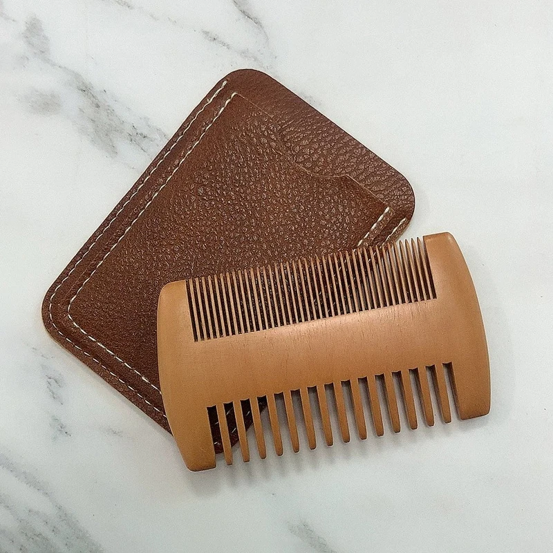 

Расческа для бороды из натурального дерева с чехлом из искусственной кожи, антистатическая карманная щетка для усов, инструмент для ухода за волосами, подарок для мужчин