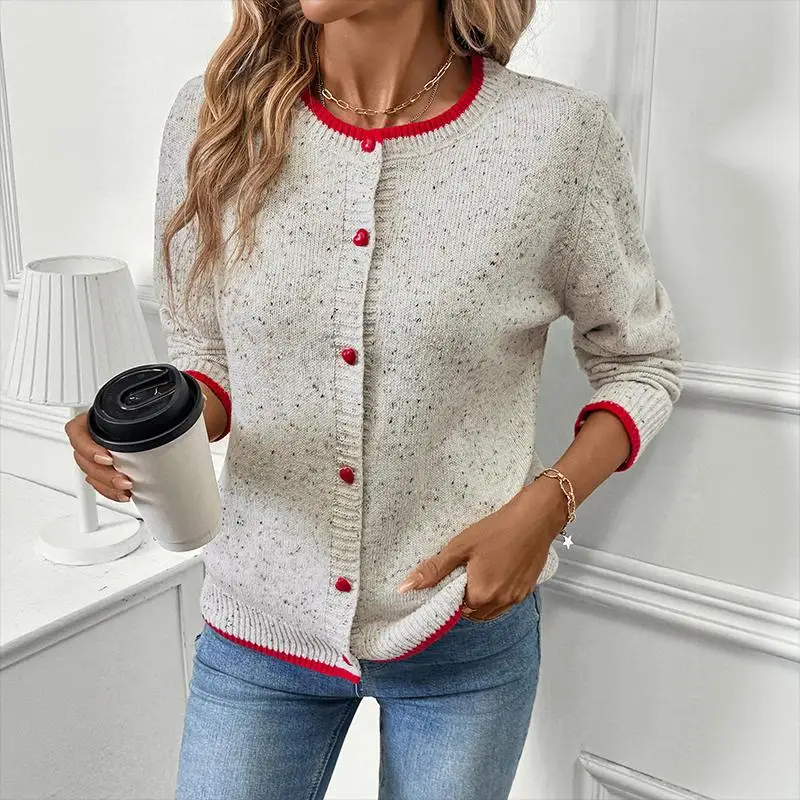 

Women's Light Grey Speckled Knitted Cardigan with Red Trim Round Neck Button Front Autumn Casual Fashion Slim Fit