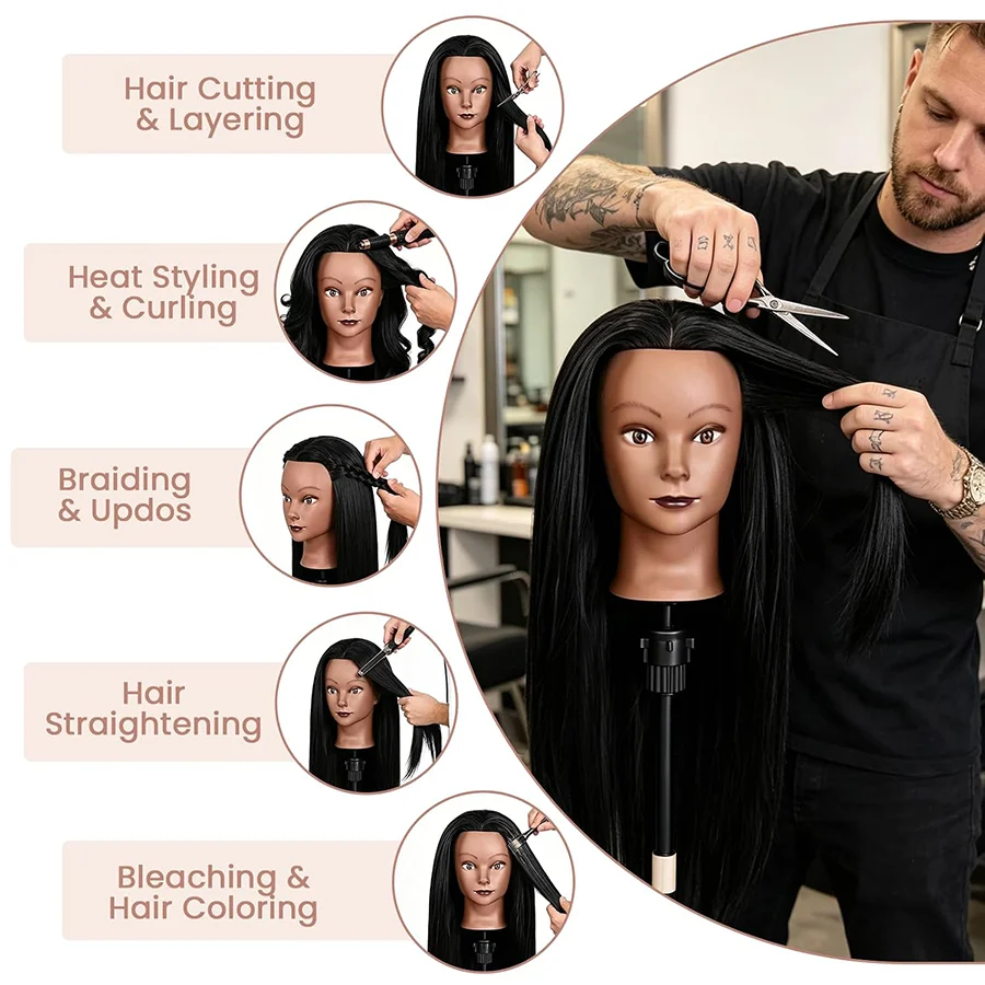 26‘’ Synthetic Hair Mannequin Head Kit for Braiding Practice, Afro Brown Skin Doll Head with Table Clamp Stand, Combs Hair Clips