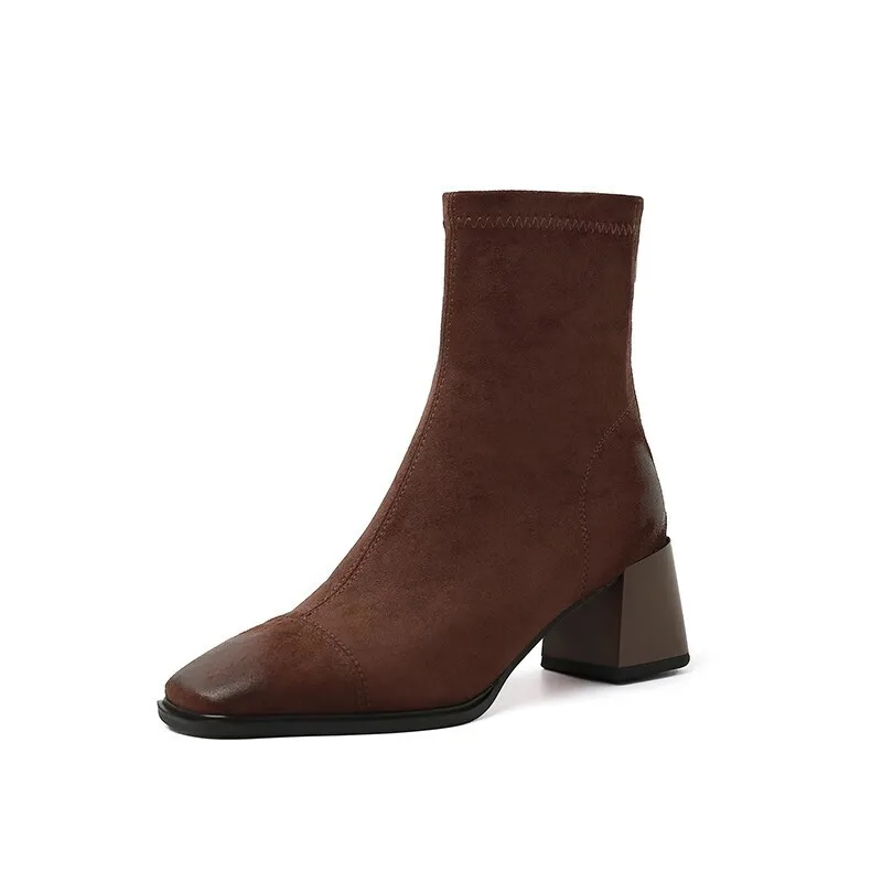 Vrouwen Pompen Dames Schoenen Herfst Winter Suède Slanke Bruine Dikke Hak Korte Franse Vierkante Neus Elastische Laarzen Hoge Middenhak Shoese