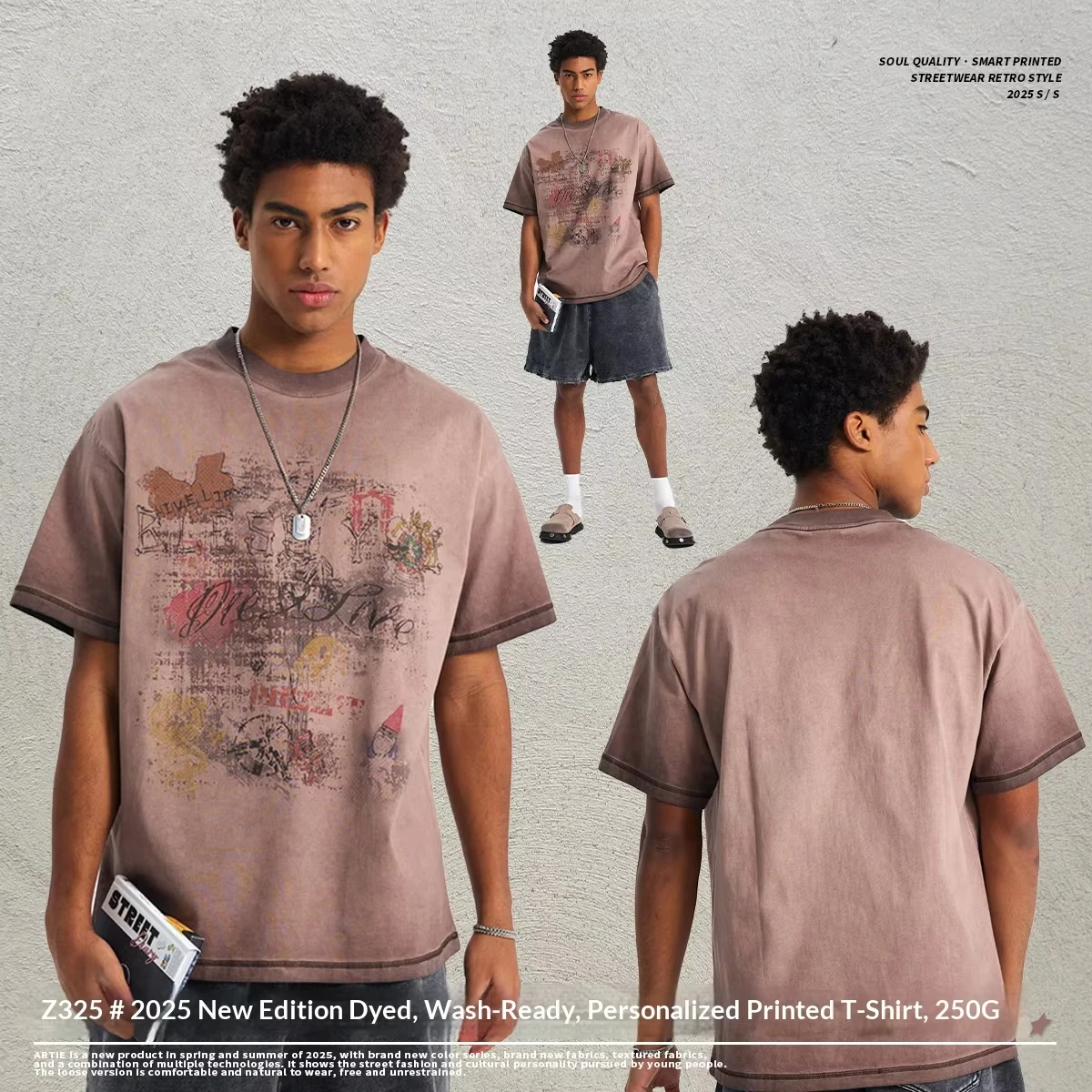 New Washed Vintage Print Men T‑Shirt Retro Wax‑Dye Faded Crew Neck Short Sleeve Streetwear Tee UPS/FEDEX Air, 3-5Day Delivery