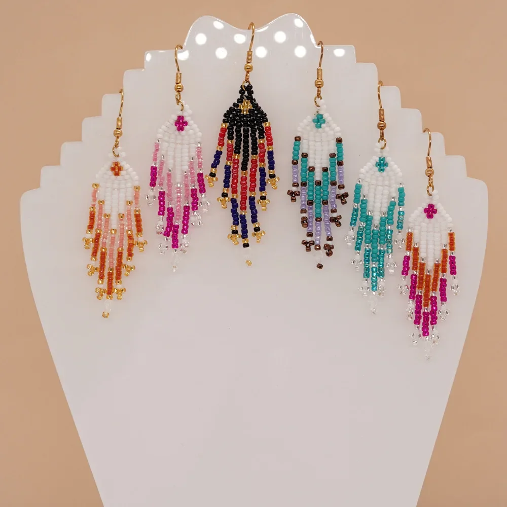 

Beaded earrings Tassel Fashion Simple Gradient Hand knitting Bohemia Alloy Rice bead earrings