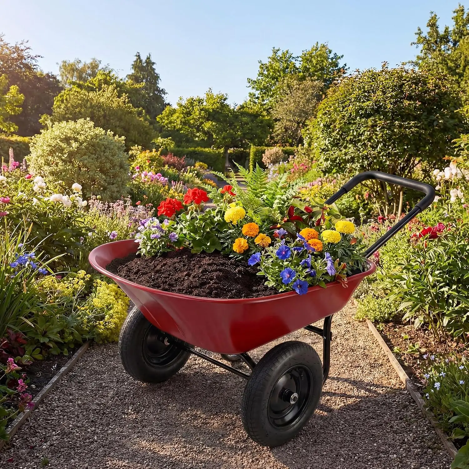 Heavy Duty Wheelbarrow Cart Two 14 Inch Pneumatic Tires Utility Garden Outdoor Lawn Yard Farm Ranch Red
