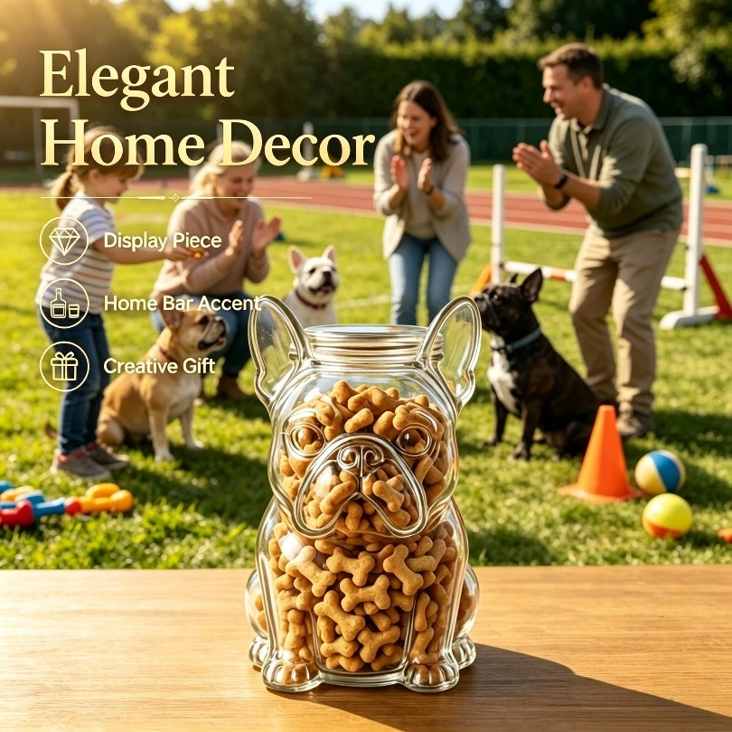 350ML Dog Shape Glass Treat Jar Airtight Metal Lid Pet Food Storage Container Clear Glass Canister for Dog Biscuits Snacks Home