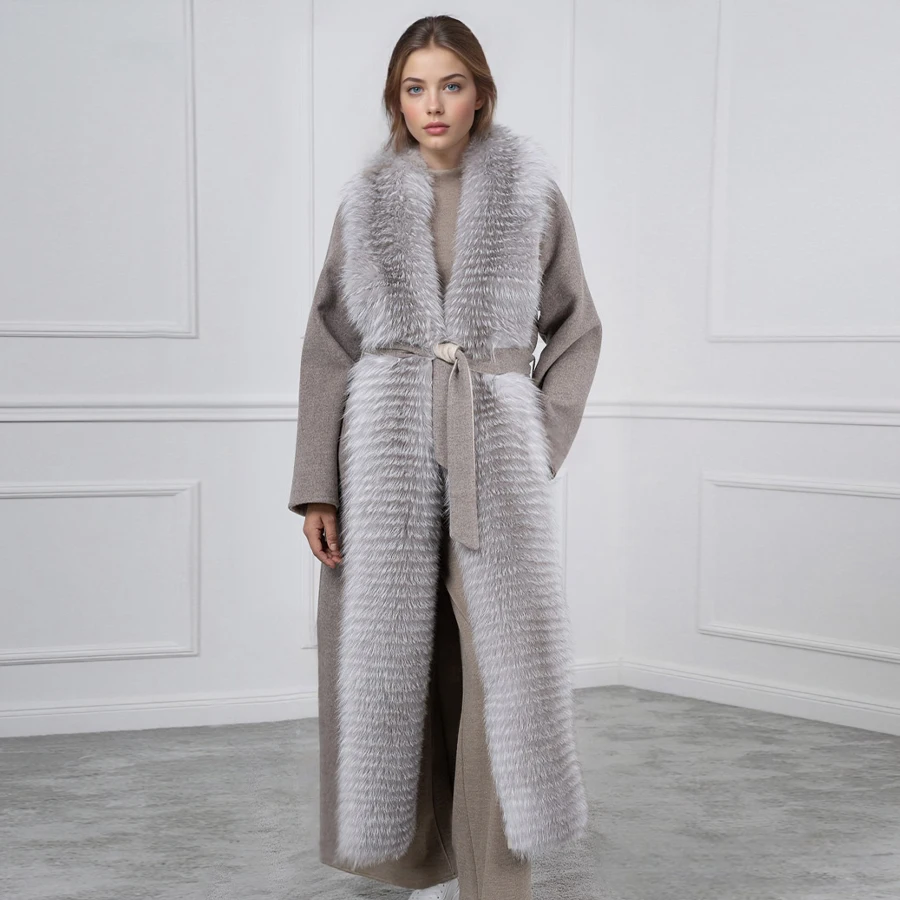 معطف طويل من الصوف المخلوط مع حواف فرو الثعلب سترة شتوية نسائية معطف فرو الثعلب الحقيقي معاطف صوف فاخرة للنساء
