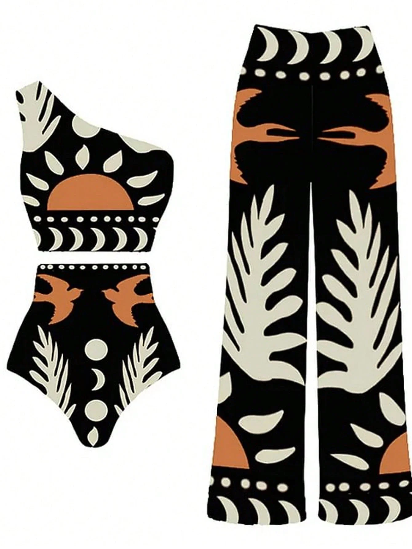 

Women's 3-Piece Printed Asymmetrical Bikini Set With Palms And Birds