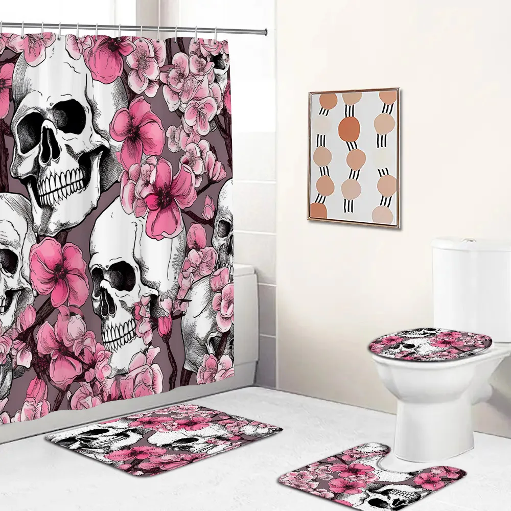 Skeleton Shower Curtains Set Funny Skeleton Lovers Skull Horror Dark Bathroom Decorations Bedroom Home Carpet Toilet Lid Cover