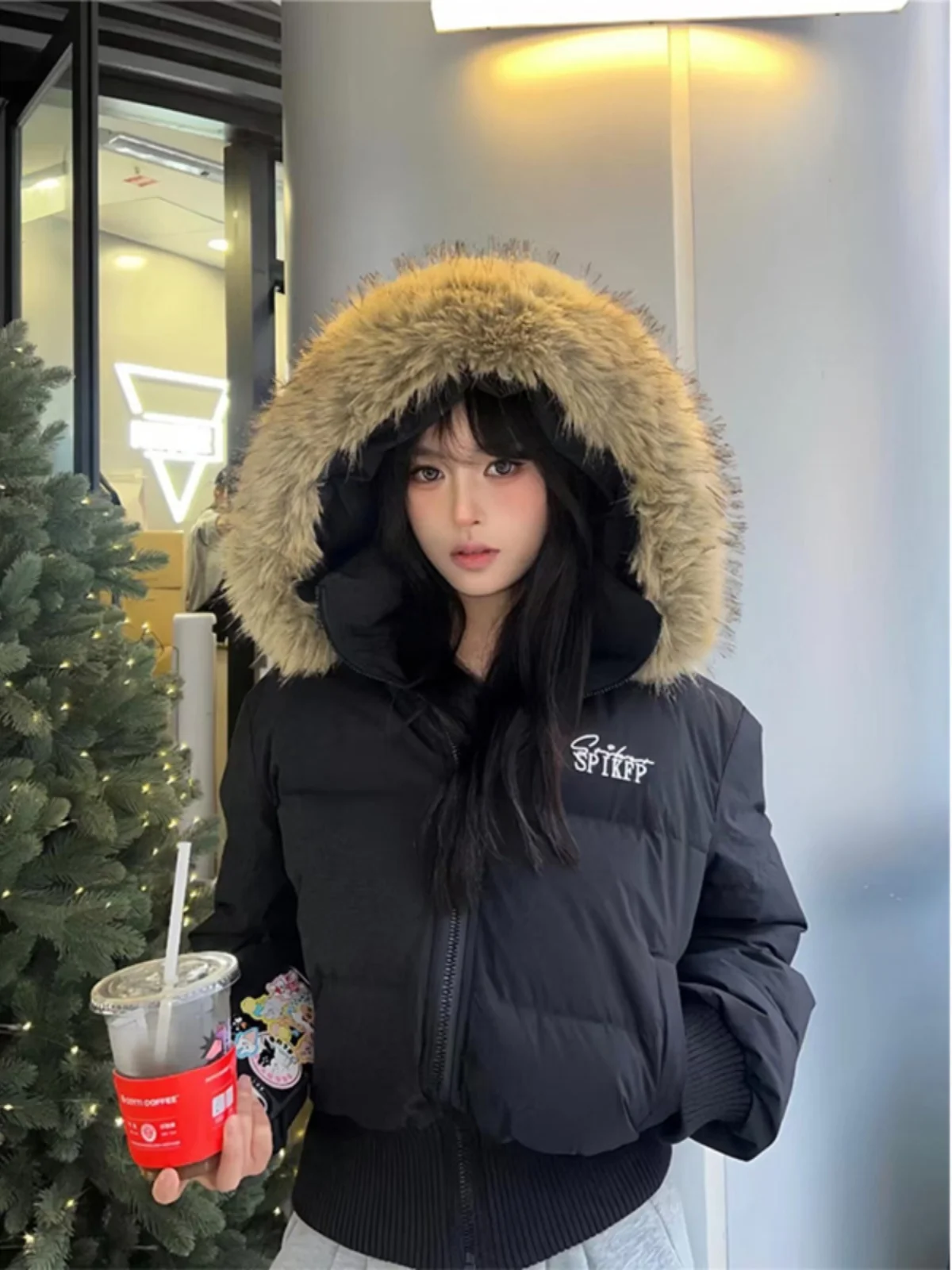 Black Short Puffer Jacket Women's Winter Thick Warm Large Fur Collar Cotton Coat Korean Style Commute Wind White Duck down