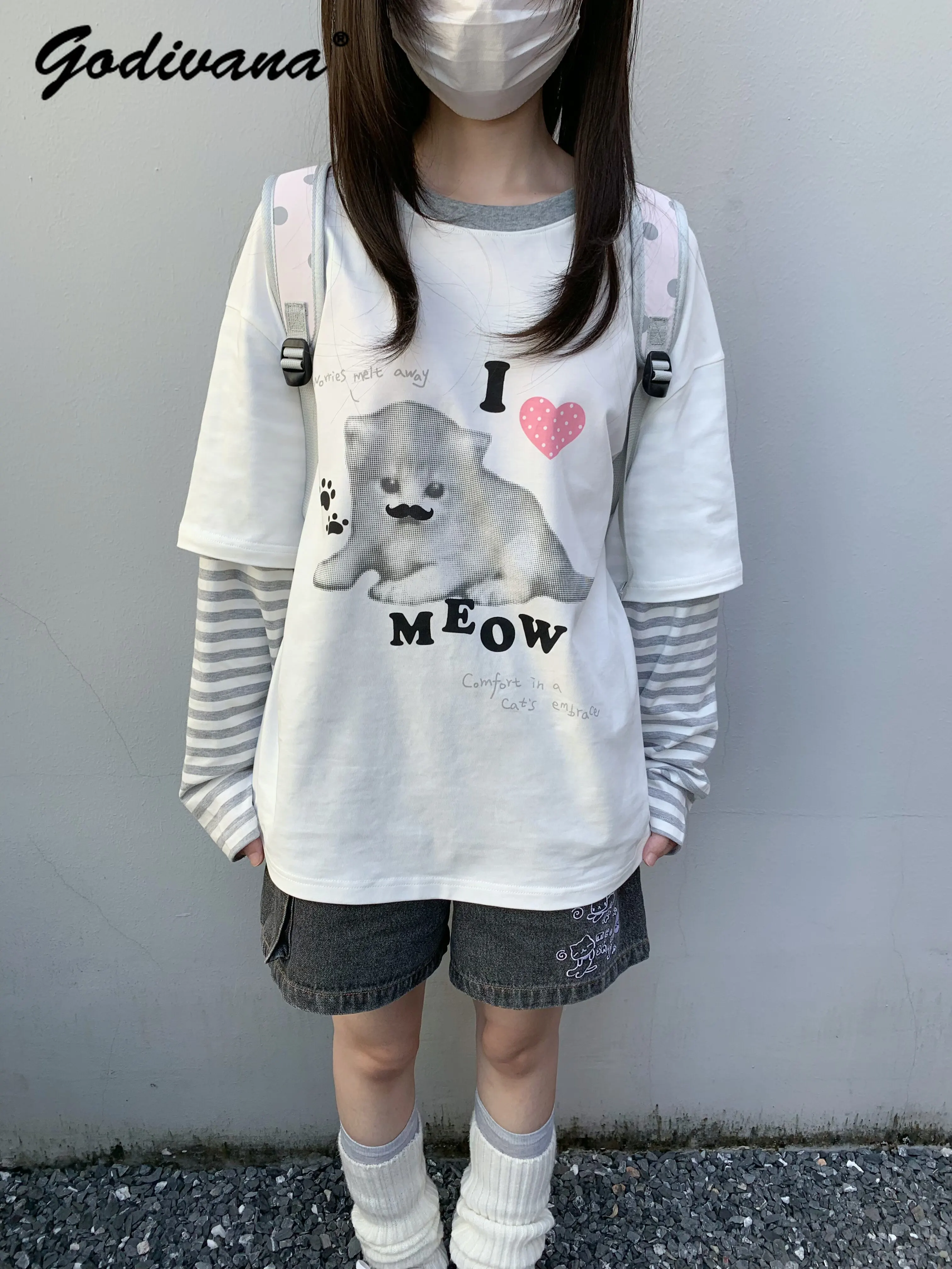 Women Girls Autumn Fake Two Piece Long Sleeve Top Y2k Print Gray White Stripe Korean Harajuku Aesthetic Casual Tee