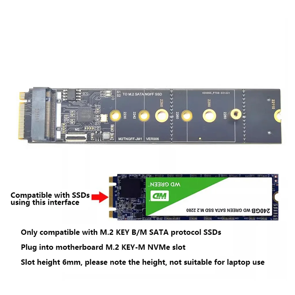 M.2 M‑Key NVME Slot To M.2 NGFF SATA SSD Adapter Card JMB582 Chip  Converter Board For 2230 2242 2260 2280 SATA SSD Desktop PC