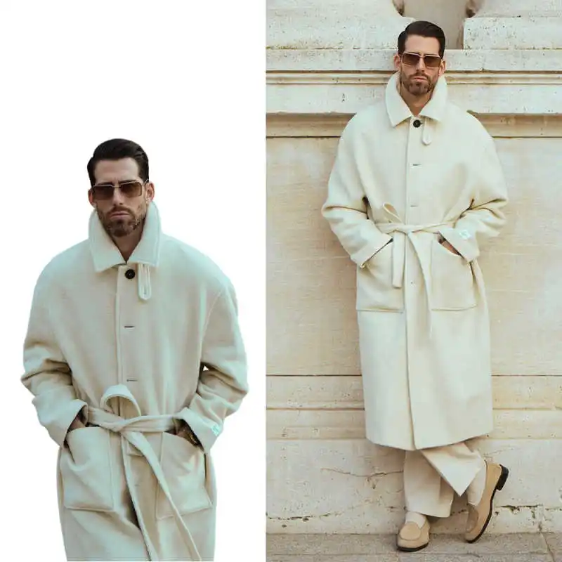 

Chic Men Wool Blend OverCoat 1 Piece Stand Collar Single Breasted With Belted Coat Outdoors Business Autumn Winter Warm