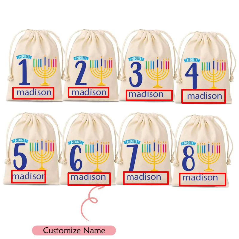 Personalized 8 Nights of Chanukah Countdown Bags Happy Hanukkah Jewish Holiday decoration children kid boy girl Gift present