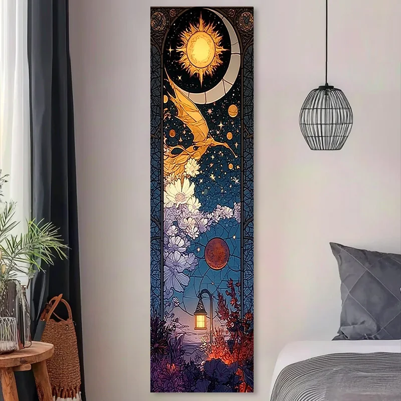Floral Planet Street Lamp Vertical Long Tapestry Stained Glass Window Sun Crescent Moon Golden Dragon Magical Celestial Fantasy