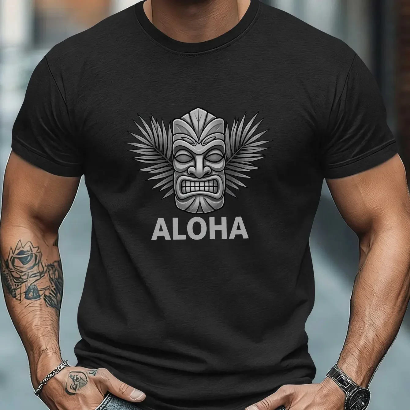 Hawaii Tropical Vacation Gray Scale Tiki Statue Palm Leaf Aloha Simple Graphic Men T-shirt