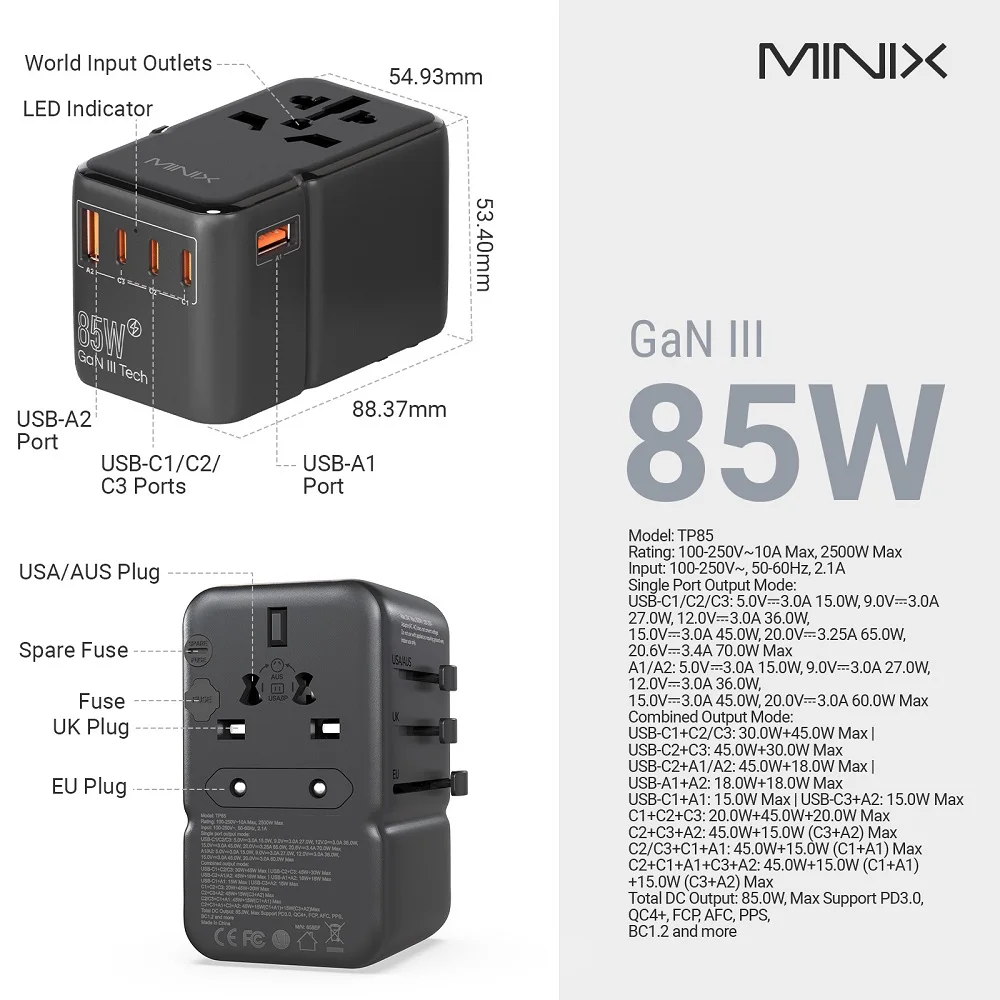 Universele reisadapter met 140W PD-poorten, GaN-technologie, internationale AC-aansluiting met 1 USB-A en 3 USB-C poorten