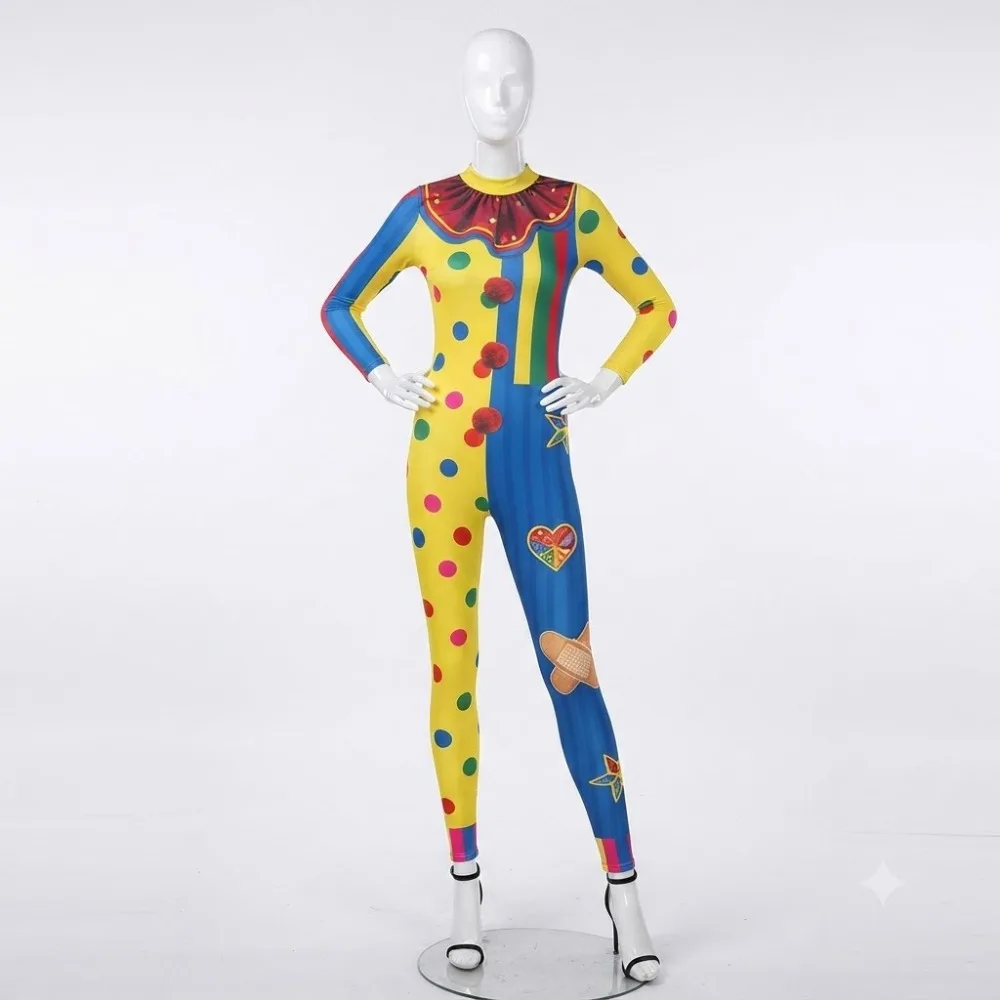 Funny Color Splicing Polka Dot Clown One-piece Tights Cosplay Costume For Carnival Masquerade  Theme Party Halloween Cosplay