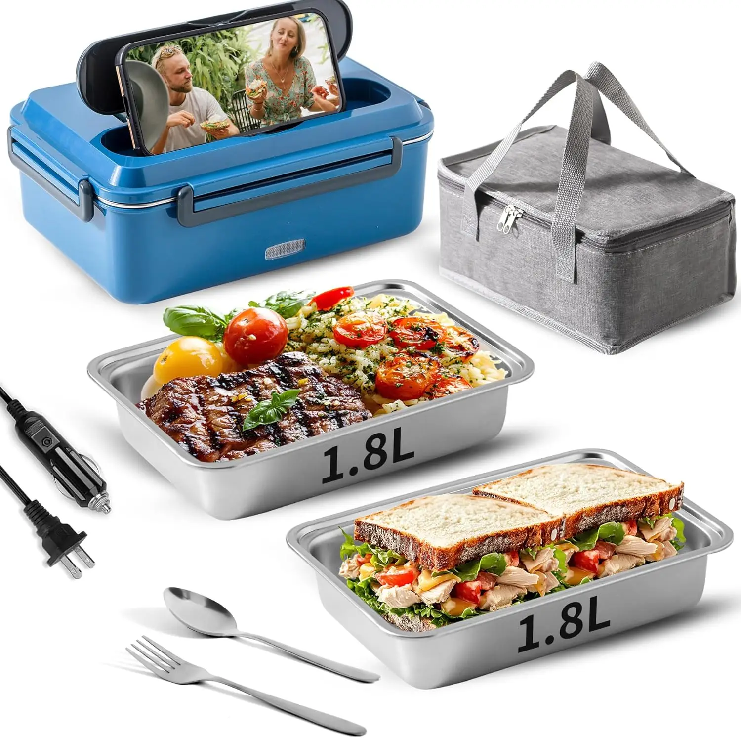 

Electric Lunch Box 1.8L Heated Bento with 2x Stainless Containers, Fork Spoon, Insulated Bag - Blue