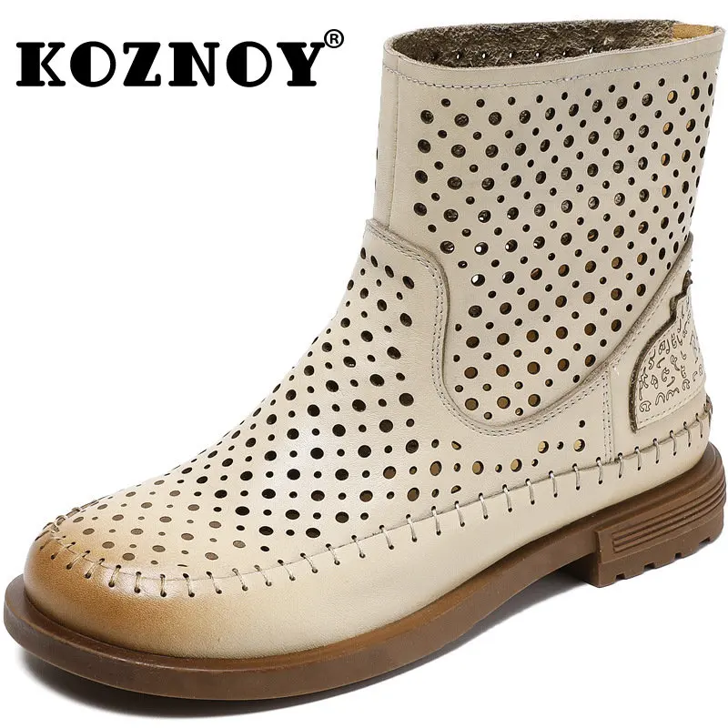 

Koznoy 3.5cm Cow Genuine Leather Slip on New In Women Boots Summer Hollow Breathable Fashion Ladies Platform Wedge Ankle Shoes