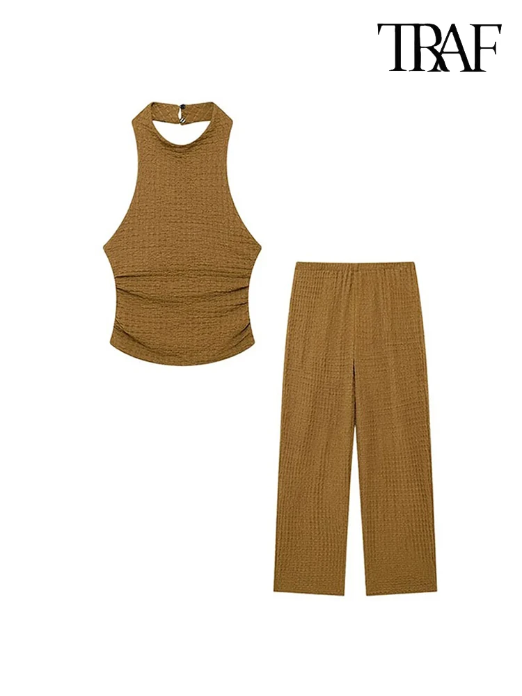 TRAF Women Fashion Elegant Solid Color Pleated Set Sexy Casual Camisole Top + High Waisted Wide Leg Pants Two Piece Set