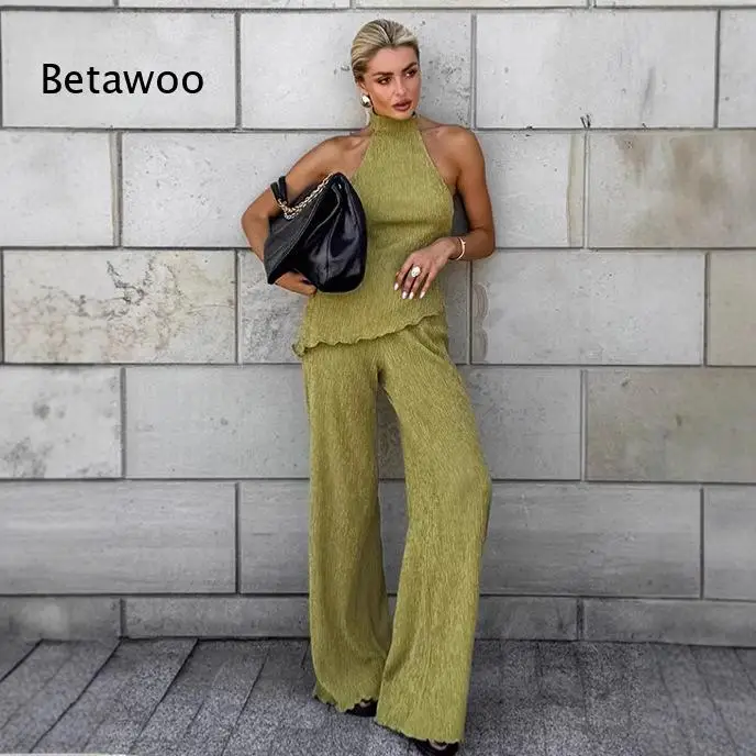 Olive Green Halter Textured Two Piece Set Sleeveless Ruffle Hem Top High Waist Wide Leg Pants Outfit