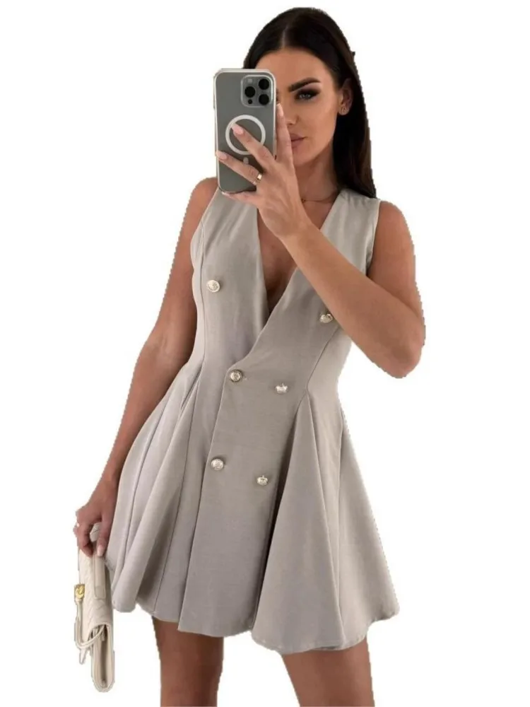 New Summer V-neck Sleeveless Sexy Waist-hugging Short Dress Womens Fashion Elegant Solid Button Office Holiday Casual Dresses