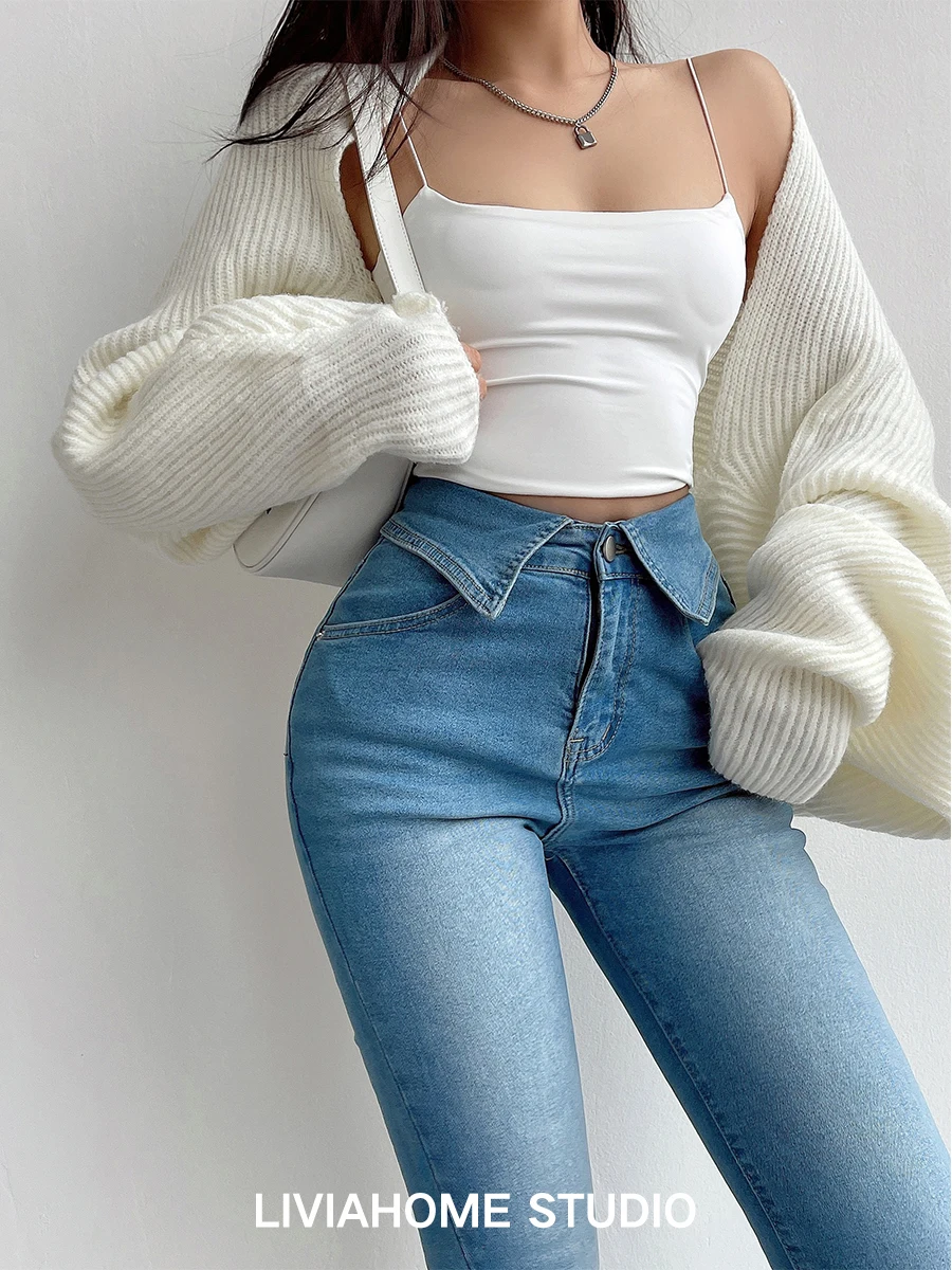 Skinny Tight Stretch Flare Jeans Denim Pant with Turndown Collar high waist y2k pants elegant slim slight bootcut bell bottom