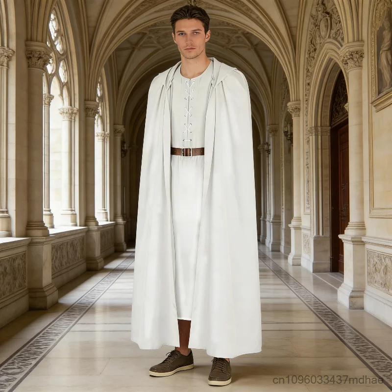 

Men's Medieval White Hooded Cloak Robe Costume Renaissance Knight Tunic with Belt Wizard Cosplay Fancy Dress Outfits