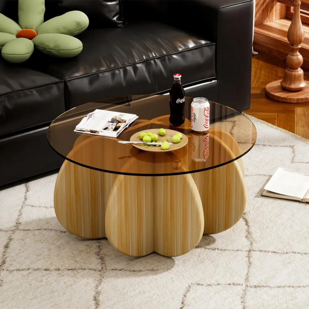 Round Coffee Table with Tempered Glass Top, Modern Center Table for Small Spaces - Sturdy Walnut Board Frame, Simple Design