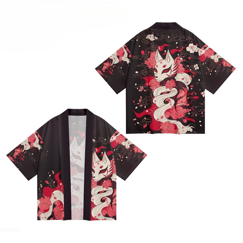 العديد من الأنماط اليابانية إيناري فوكس طباعة كيمونو 2025 الصيف النساء الرجال هاوري المتضخم سترة يوكاتا رداء Harajuku القمم #3
