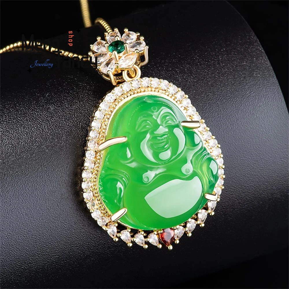 

Genuine Natural Green Agate Maitreya Buddha Copper Gold Plating Pendant Buddhist Amulets Exquisite Fashion Jewelry Holiday Gifts