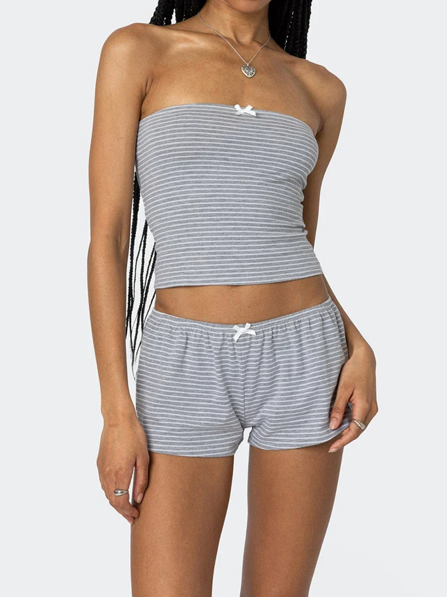 Women Pinstripes Bow Shorts Set Boat Neck Sleeveless  Fit Crop Tube Tops Shorts 2-Piece Outfits