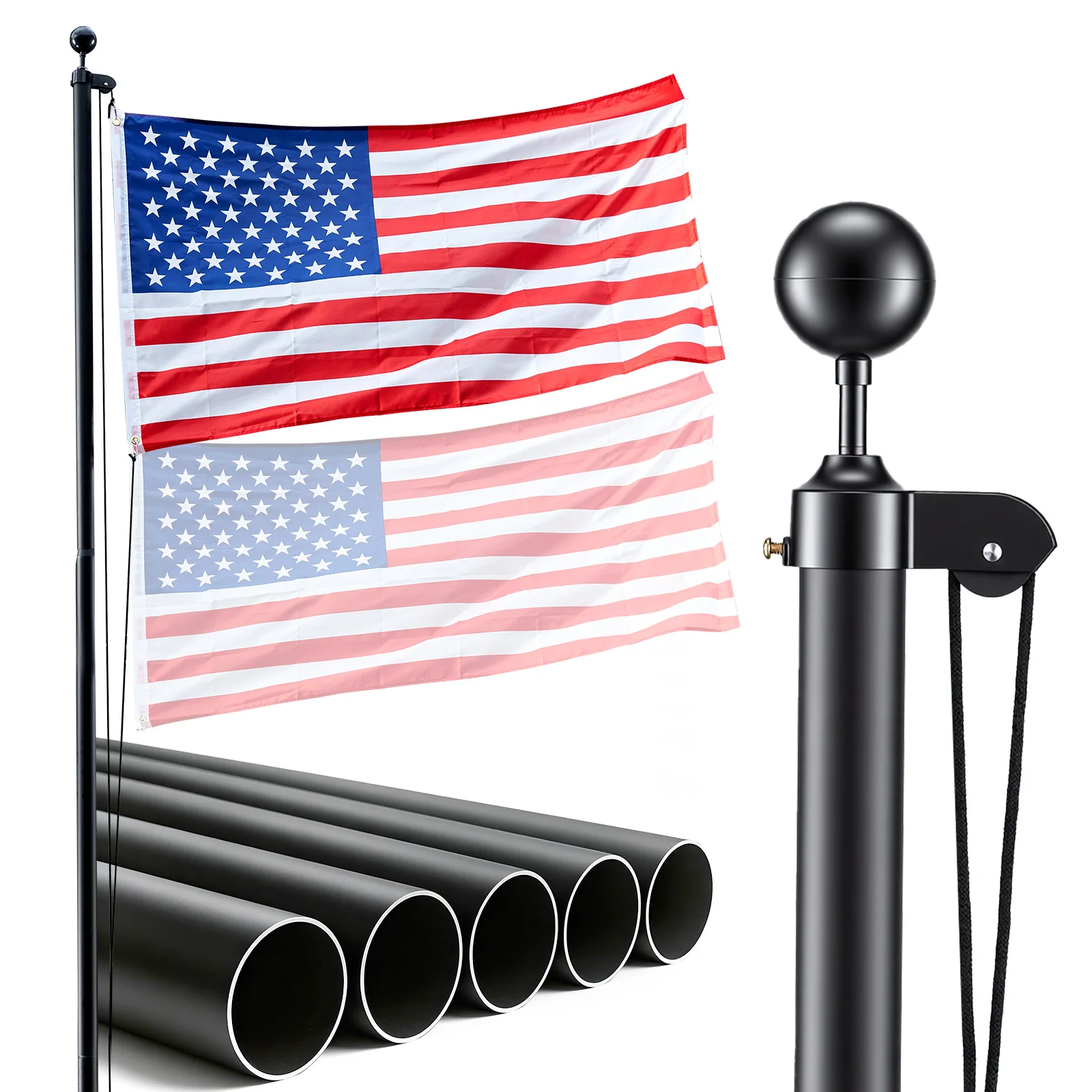 VEVOR 16/20/25/30ft Flag Pole for Outside House In Ground Thick Aluminum Flagpole Kit with 3x5American Flag for Yard Residential