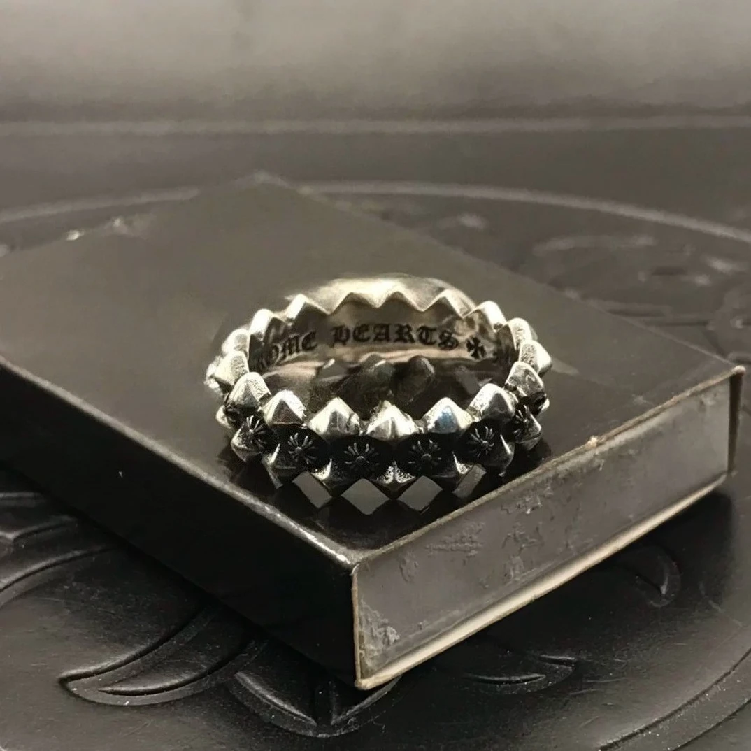 

S925 Sterling Silver Retro Rivet Cross Flower Ring Male and Female Gothic Personality Hip Hop Ring Classic