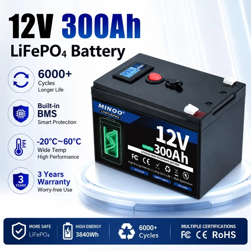 Upgraded 12V 300Ah 200Ah LiFePO4 Battery 2400Wh Deep Cycle Lithium Battery with Built-in BMS for RV Solar Home Storage Marine