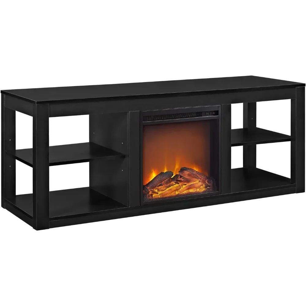 Black TV Stand com lareira, lareira elétrica doméstica, decoração, 65"