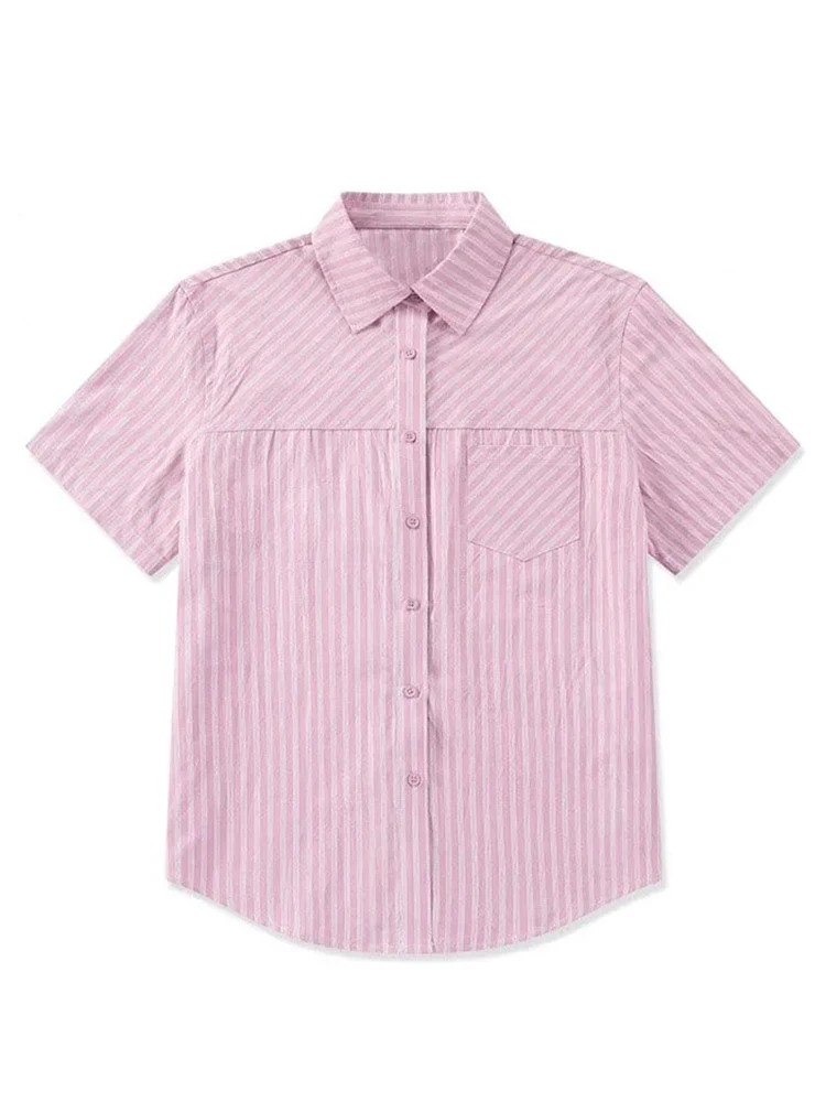 

American Pink Striped Shirt Women Retro Short Sleeve Streetwear Blouse Casual Loose Vintage Female Summer Harajuku All Match Top