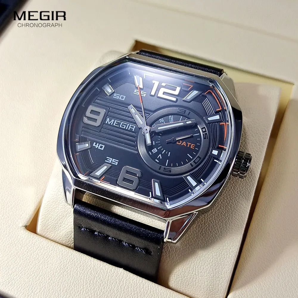 MEGIR Sport Watches for Men Fashion Octagon Dial Quartz Watch with Auto Date Leather Strap Luminous Wristwatch часы Silver black