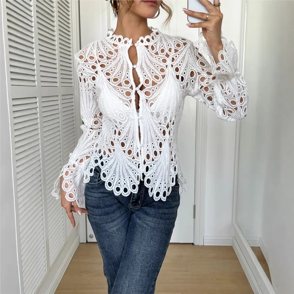 Women's Sexy Lace Hollow Solid Color Evening Shirt Spring Summer New Fashion Elegant Female Casual Versatile Long-sleeved Tops
