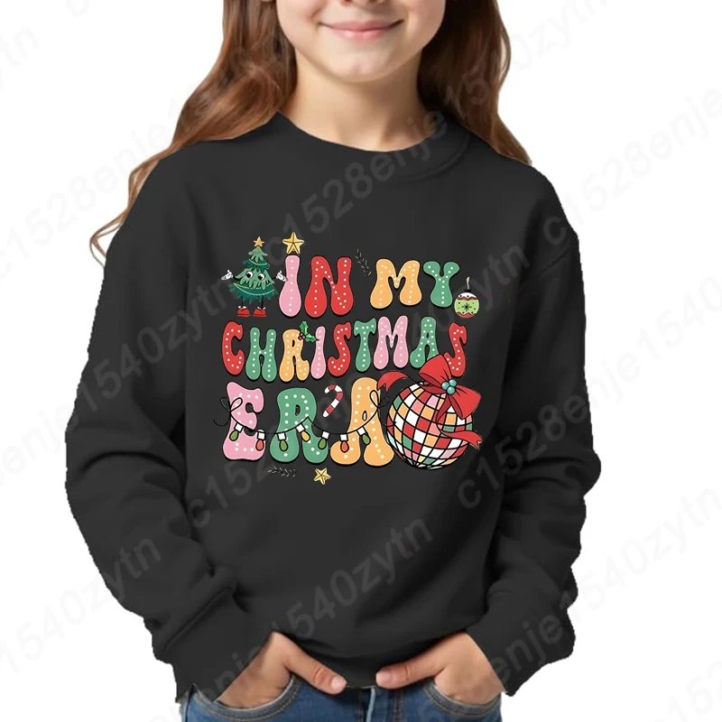 Festive Christmas Print Girls' Sweatshirts, In My Christmas Era Sweatshirt, Long Sleeves, Casual Style, Kids Christmas Pullovers