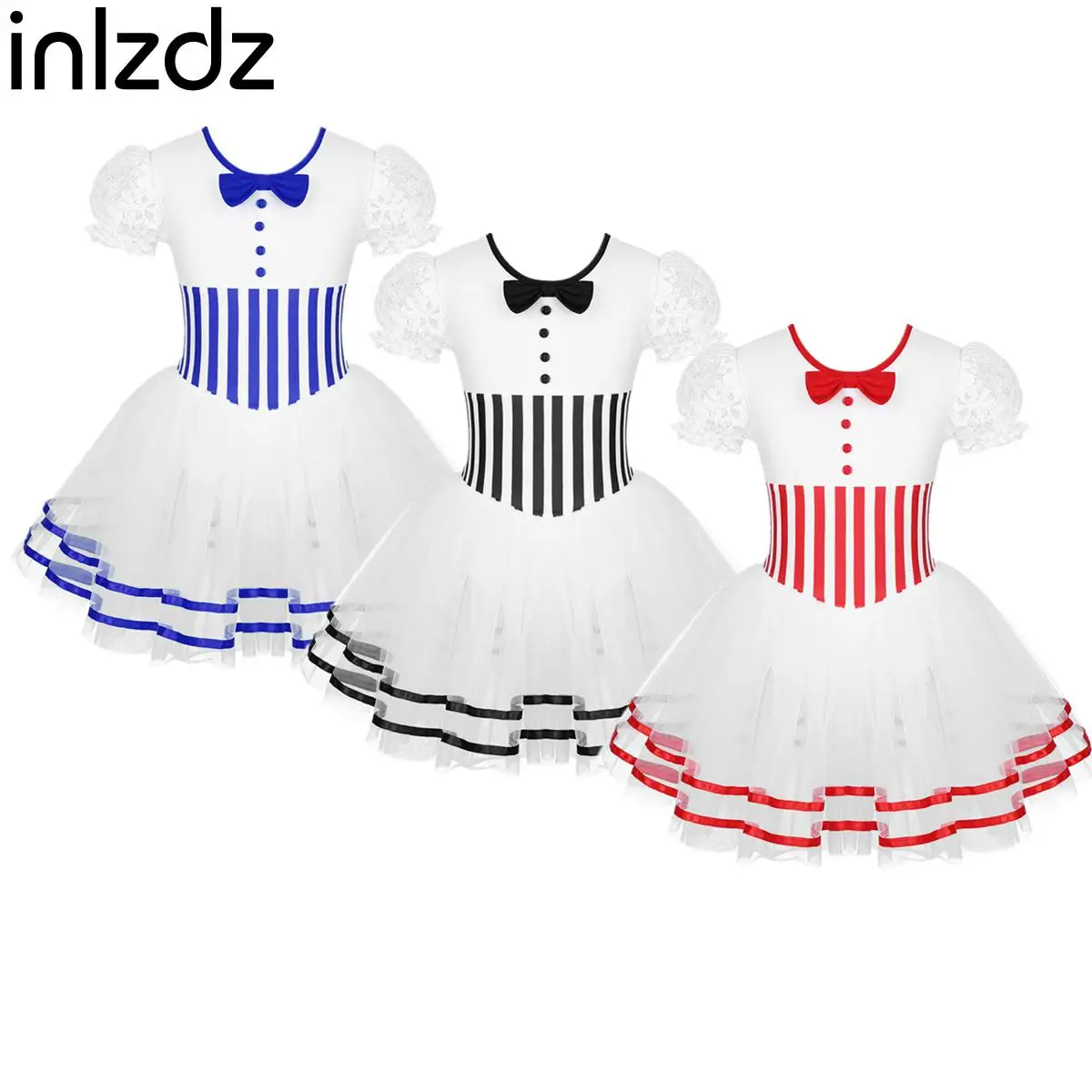 

Child Girl Figure Ice Skating Roller Skating Dress Short Lace Puff Sleeves Baton Twirling Mesh Leotard Dress for Christmas Party