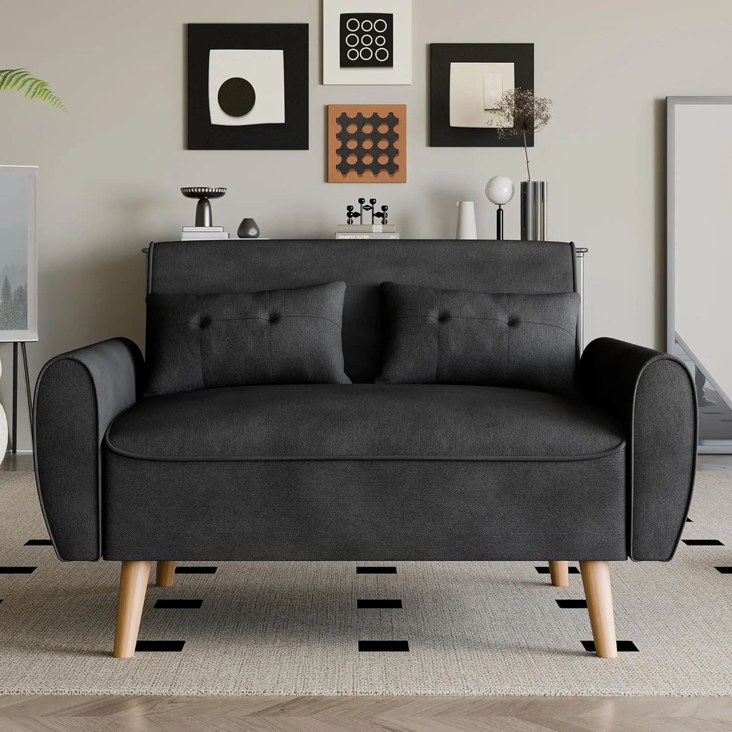 

Tufted Love Seat with Back Cushions and Tapered Wood Legs for Living Room, Bedroom and Small Space (Black)