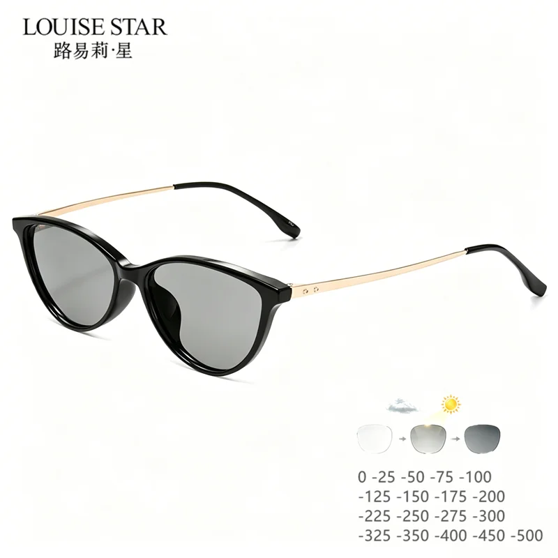 Finished myopia cat eye glasses for women, ultra light TR90 photochromic myopia glasses, fashionable and cute 0 degrees-50-75..
