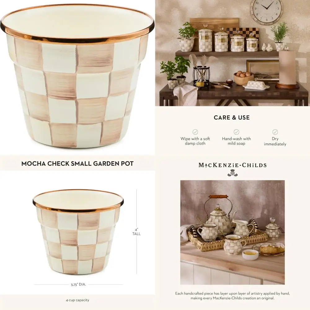 

Эмалированный декоративный садовый горшок для уличных растений, небольшой размер, коричнево-белый клетчатый узор из мокко, идеально подходит для улучшения вашей гардероба