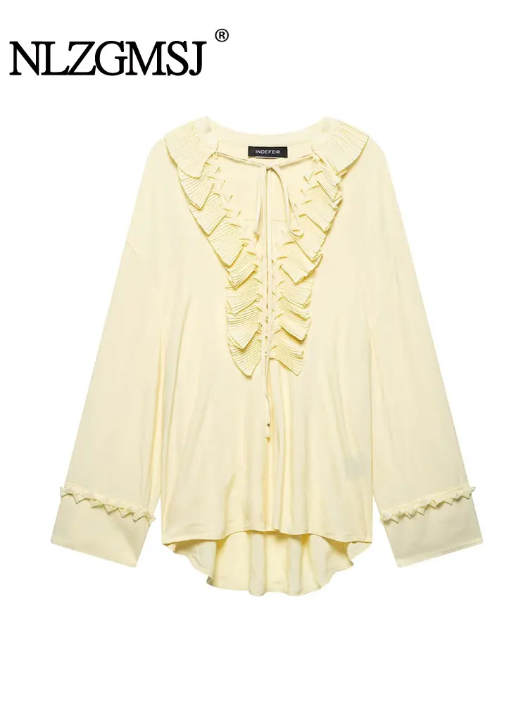 

TRAFNLZGMSJ 2025 Summer Ruched Decoration Blouse V-Neck Lace Up Loose Blouses Tops For Woman Long Sleeve Shirt Casual Streetwear
