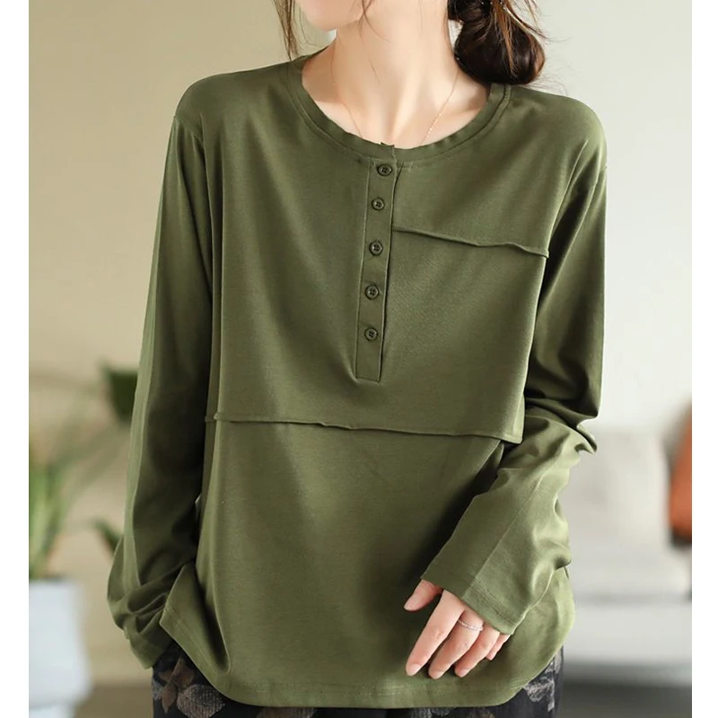 Women\'s Fashion Vintage Solid Buttons Long Sleeve Basic T-shirts 2024 New Spring Autumn Simple Casual O Neck Loose Pullover Tops