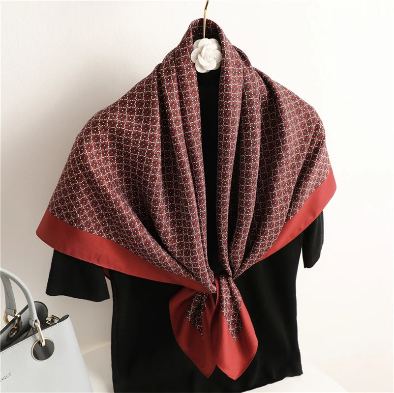 Simple Retro Printed Twill Silk Scarf Women\'s Square Scarves Spring and Autumn Shawl Headscarf Thin Bandana Female Foulard