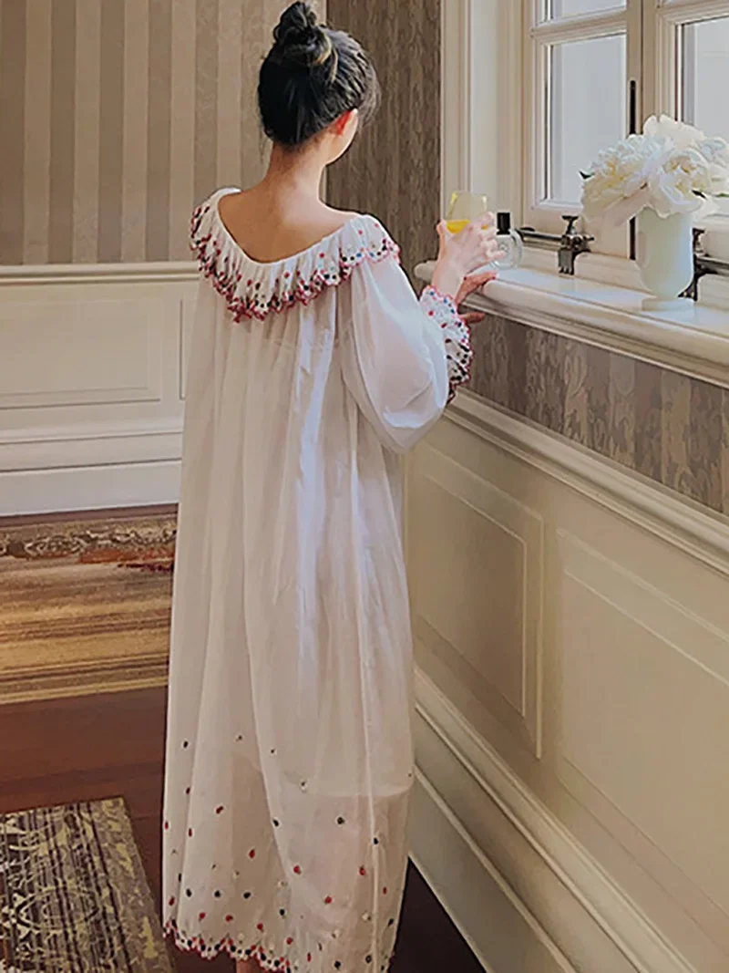 Women French Fairy Vintage Princess Night Dress Embroidery Sweet Two Piece Sets Pajamas Long Sleeve Ruffles Victorian Nightgowns