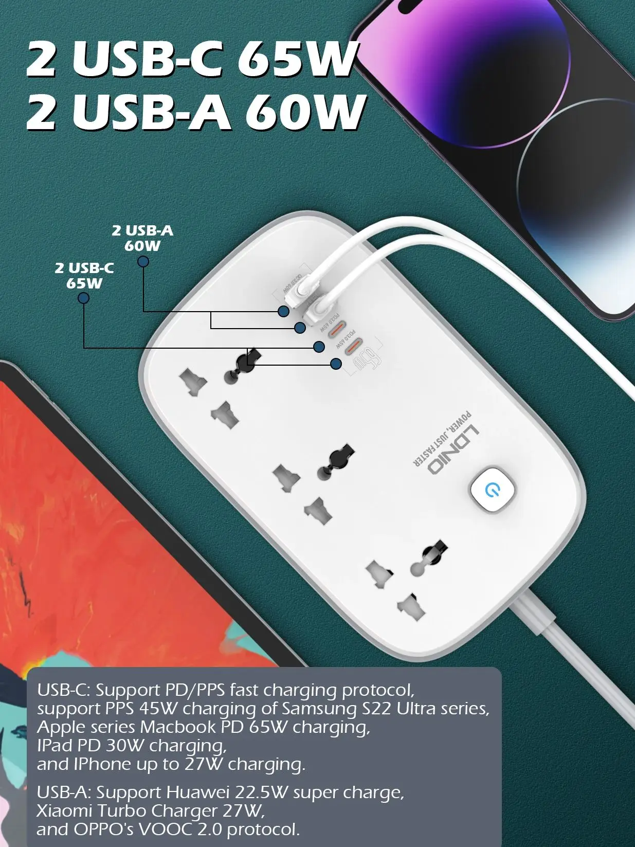 Power Multi Tap Universal Plug EU US UK Outlet Listwa zasilająca z 2-metrowym przedłużaczem AC Typ C Port USB Ładowanie Gniazdo elektryczne