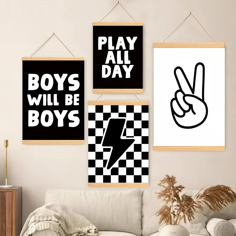 Black Wall Art Posters Scrolls Painting Solid Wood Positive 'Play All Day' & Checkered Hand Prints for Playroom,Living Room Deco